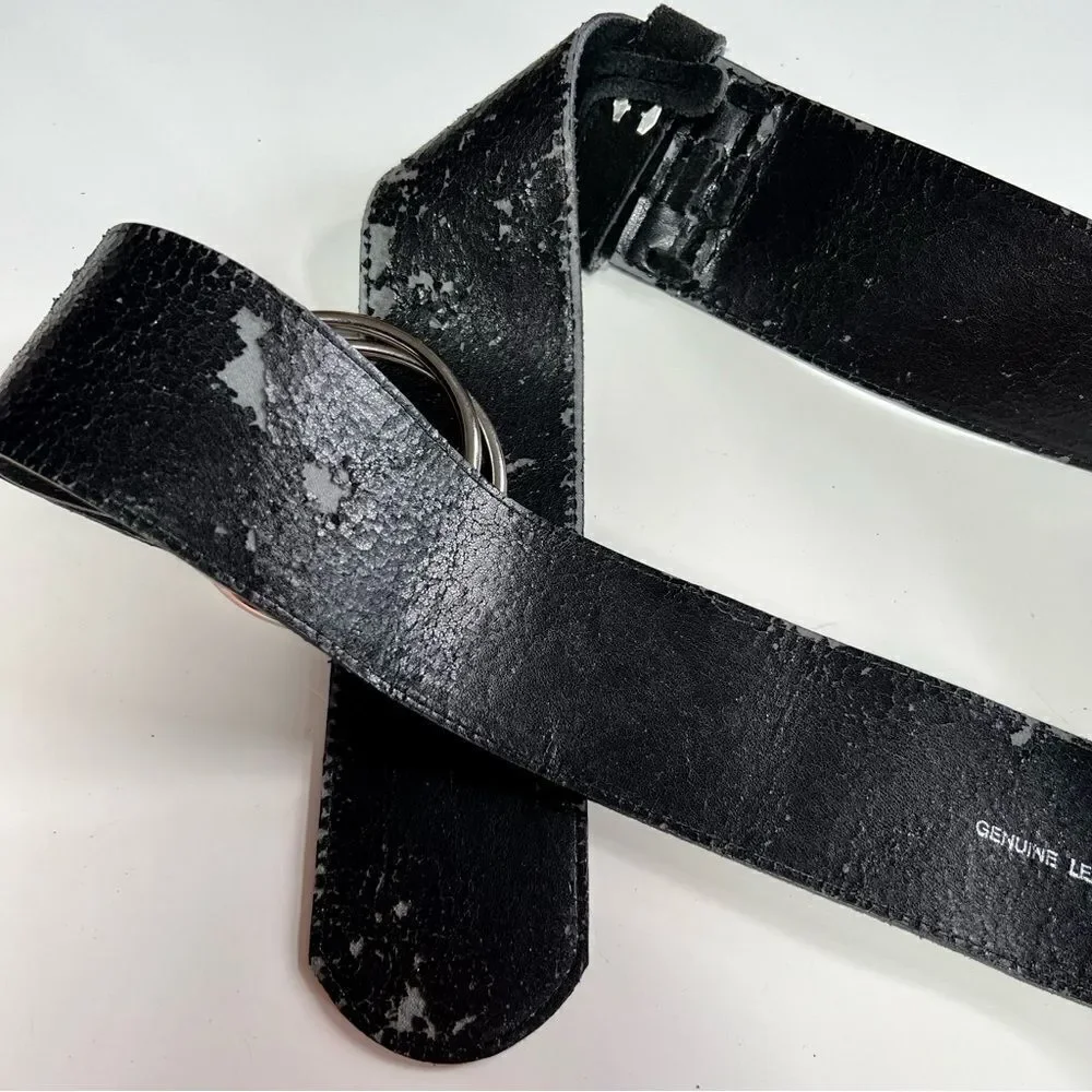 Killer Vintage 1970s Black Oversized Suede Leather Whipstitch Silver Ring Belt